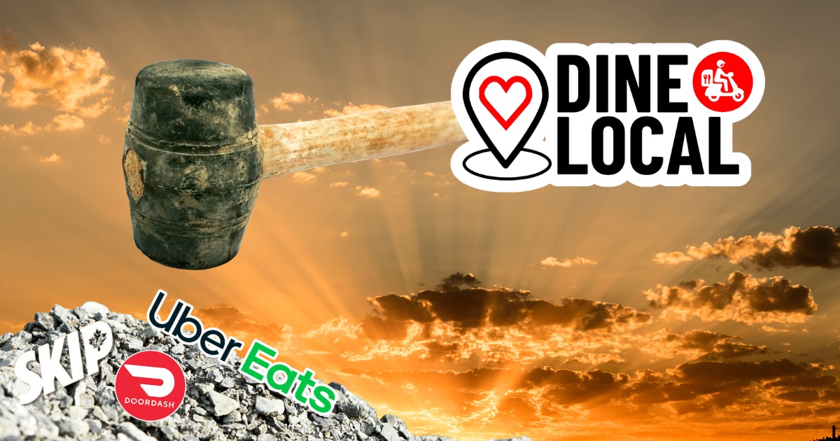 Image depicts Dine Local crushing the logos of SKIP, UberEats, and DoorDash with a sledgehammer reflecting the benefits of using a direct ordering and delivery solution from Dine Local.