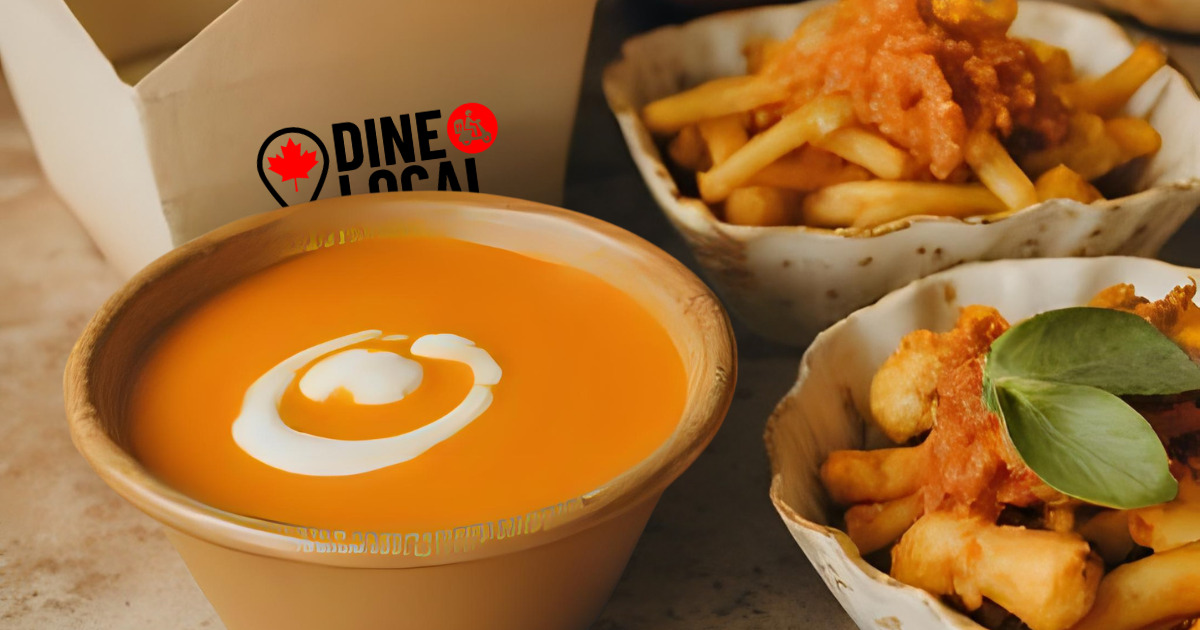 A warm, top-down view of a steaming bowl of pumpkin soup, Korean BBQ poutine, and a pulled jackfruit sandwich on a fall table that has been delivered by Dine Local as a takeout order.