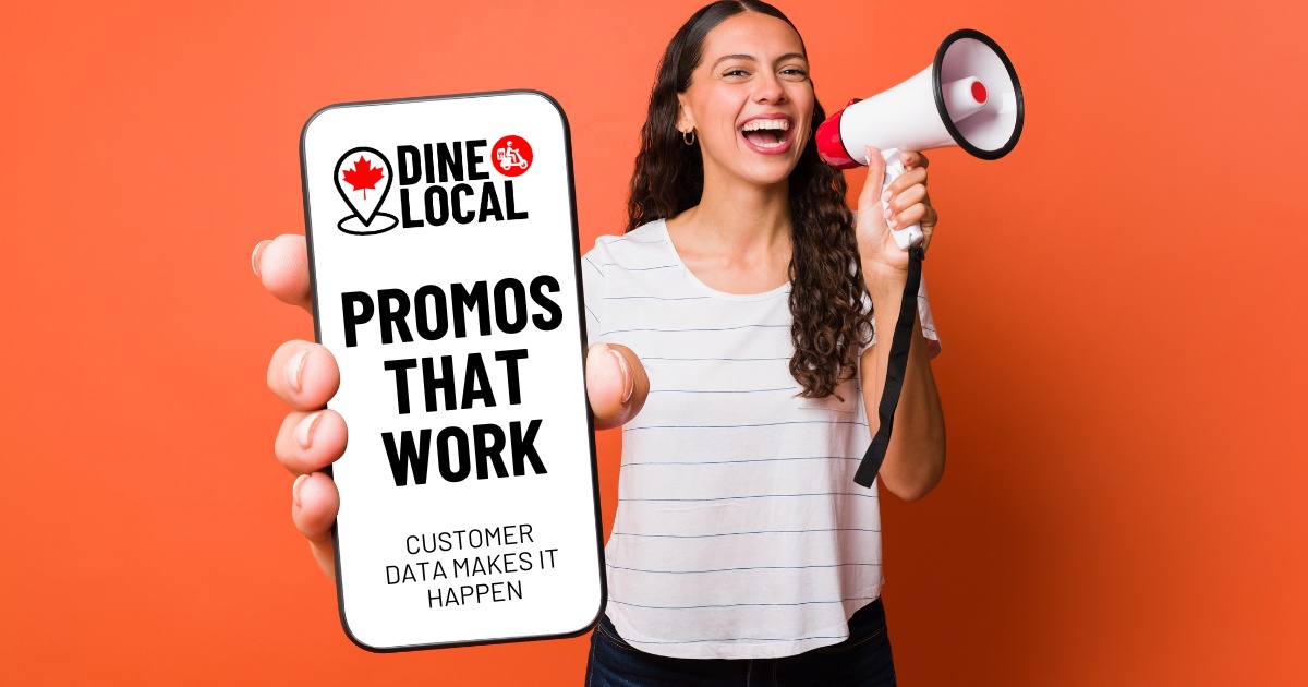 Image of a woman holding a megaphone and a smart phone with the Dine Local logo that says Promos that Work, Customer Data Makes It Happen.