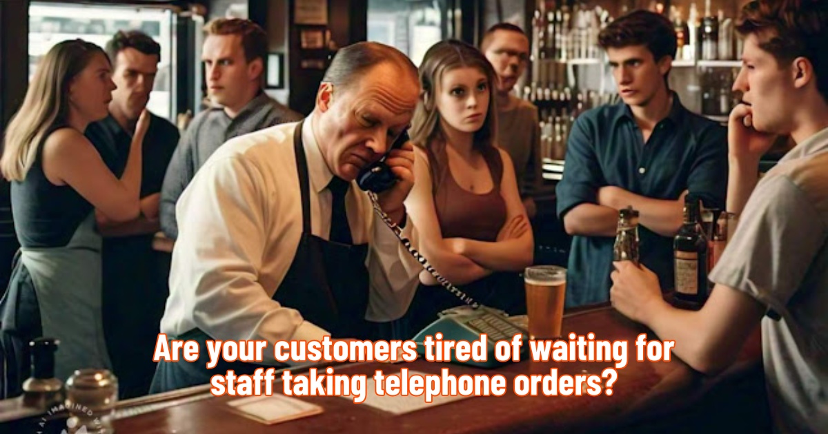 Photo of a bartender taking a telephone order while customers wait. Highlighted with the text, "Are your customers tired of waiting for staff taking telephone orders?"