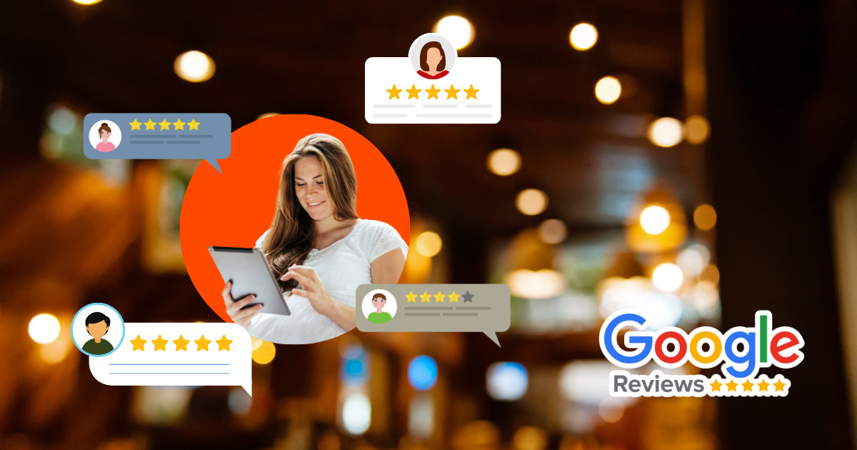 Picture of a woman reviewing her Google Reviews on a tablet in front of a restaurant background.