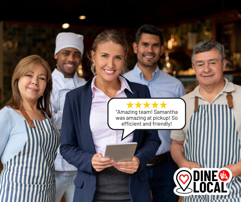 A happy restaurant owner holds a tablet while standing in front of her staff. A five star review shows the message coming from the tablet "Amazing team! Samantha was amazing at pickup! So efficient and friendly!"
<p>The power of immediate feedback allows the restaurant owner to recognize and reward great behaviours.
