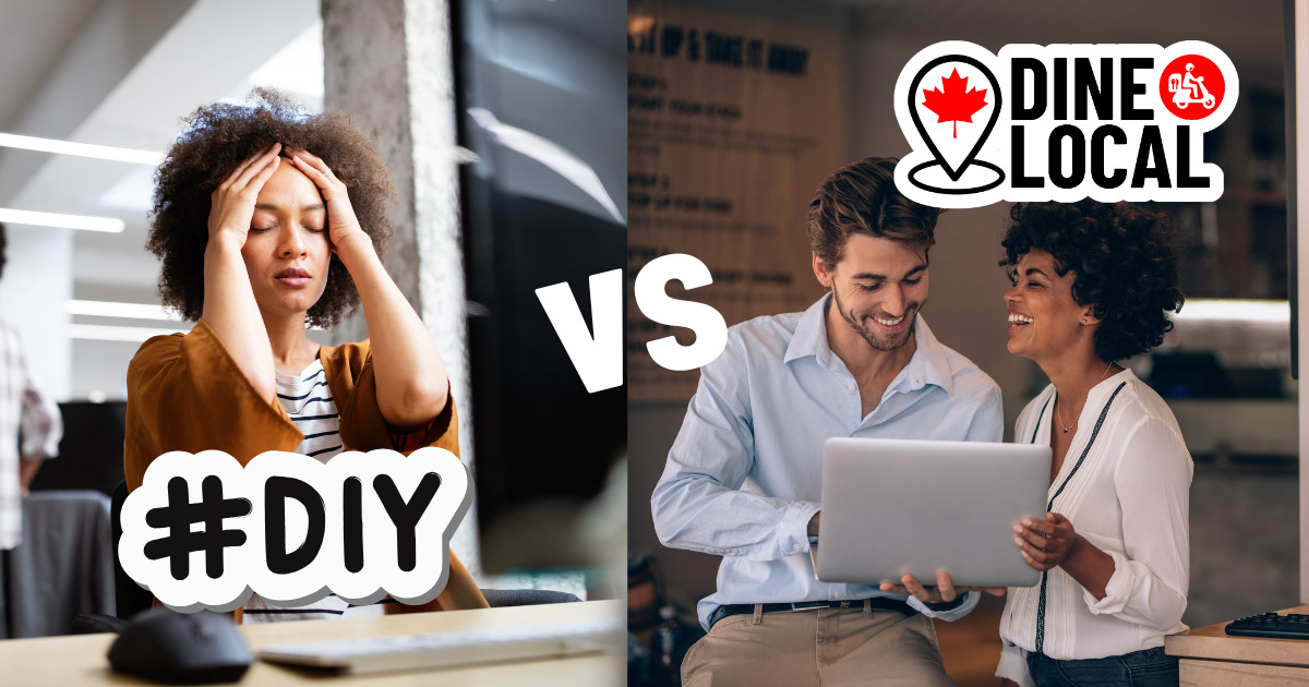 Split image contrasting a stressed business owner wrestling with a DIY website builder versus two smiling restaurant operators reviewing their managed Dine Local website on a laptop