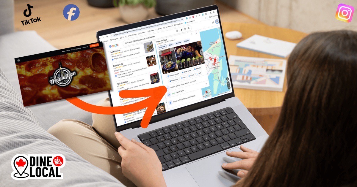 Woman searching for food on Google on her laptop and finding local restaurant options with menus, photos, and reviews drawn from their websites, while social media icons float in the background