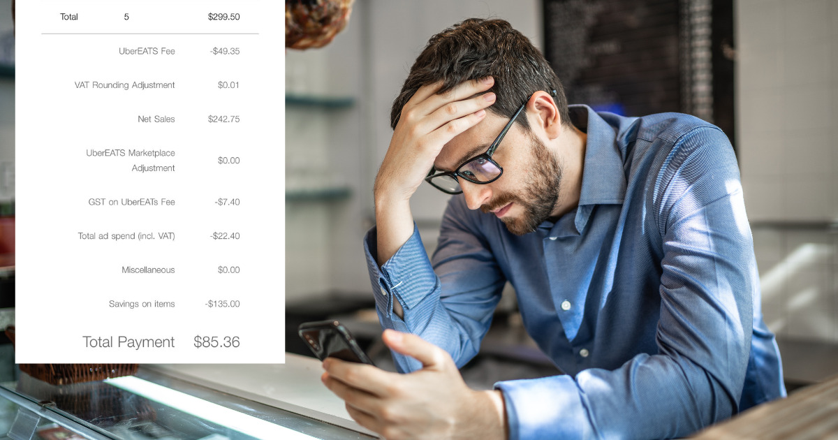 Frustrated restaurant owner reviewing a third-party delivery statement showing UberEATS fees reducing a $299.50 order total to an $85.36 payout