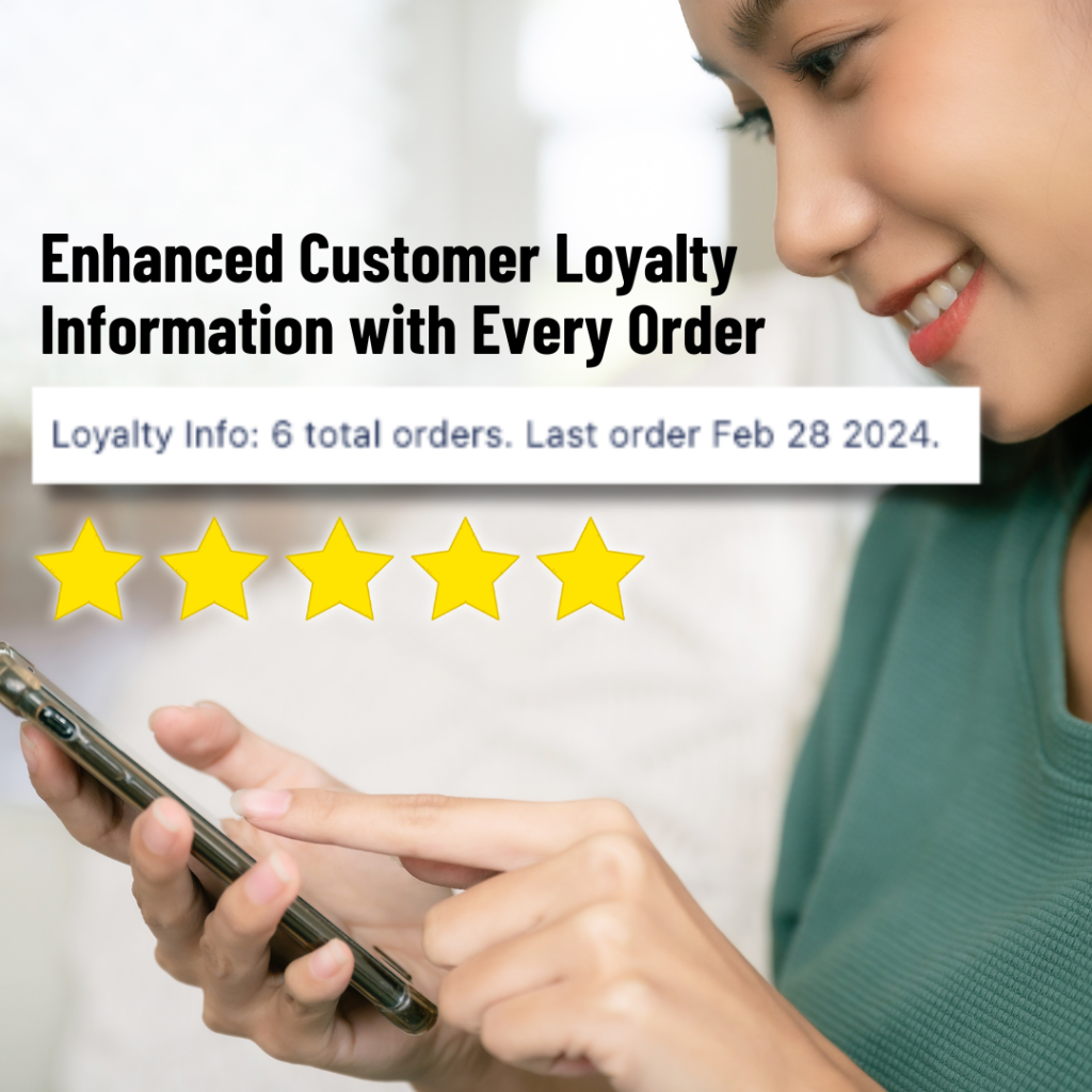 Woman looking at her phone with a 5 star rating indicating that restaurants receive enhanced customer loyalty information with every order.