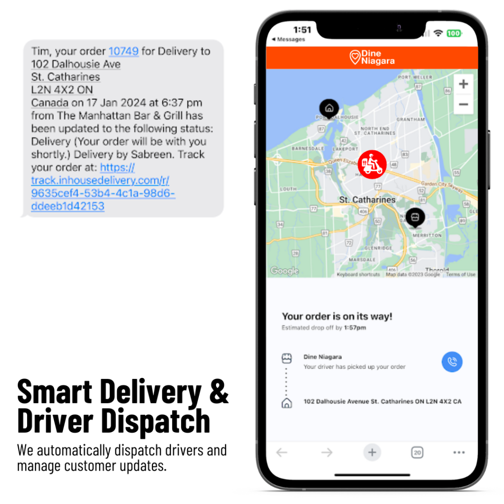 Picture of the delivery tracking screen in the Dine Local app and a notification that the customer would receive showing the smart delivery and dispatch capability