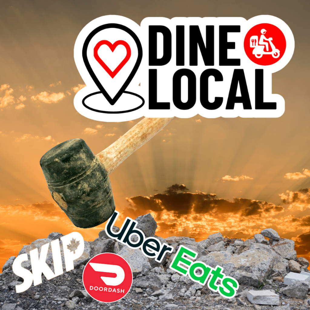 Image depicts Dine Local crushing the logos of SKIP, UberEats, and DoorDash with a sledgehammer reflecting the benefits of using a direct ordering and delivery solution from Dine Local.