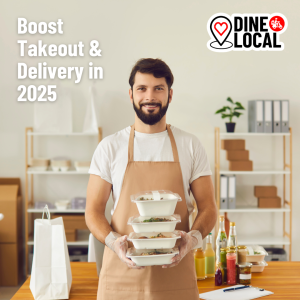 image of an independent restaurant owner holding a stack of takeout containers with the words boost takeout and delivery in 2025 overlayed