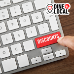 Image of a keyboard with a 'discounts' key highlighting the strategy of online only discounts offered through the Dine Local platform.