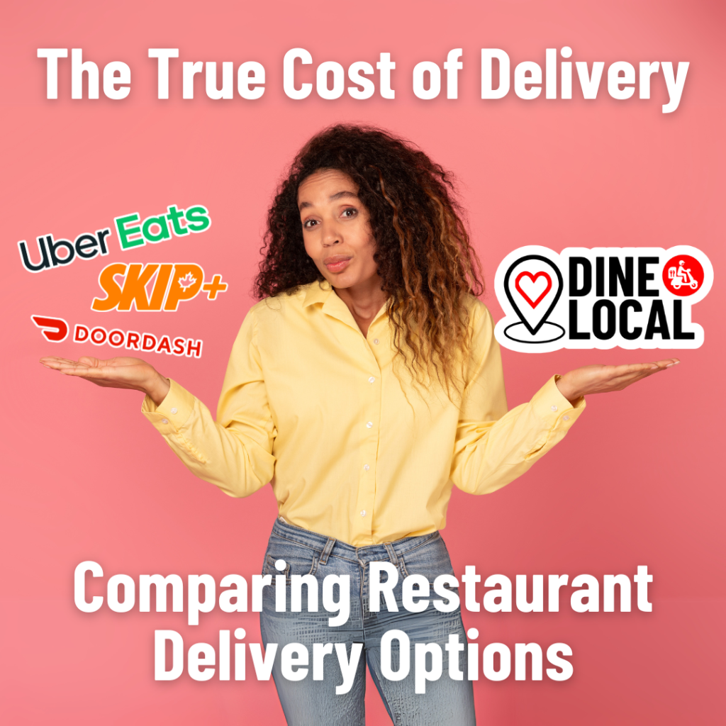 Image of a woman with her hands out weighing options to signify comparing restaurant delivery options between Dine Local and third party delivery companies.