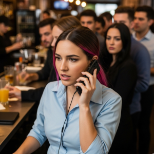 Picture of a busy waitress at a restaurant taking a phone order while patrons wait behind her for service in the restaurant, illustrating the benefit of a restaurant's own online ordering platform for efficiency and guest service.