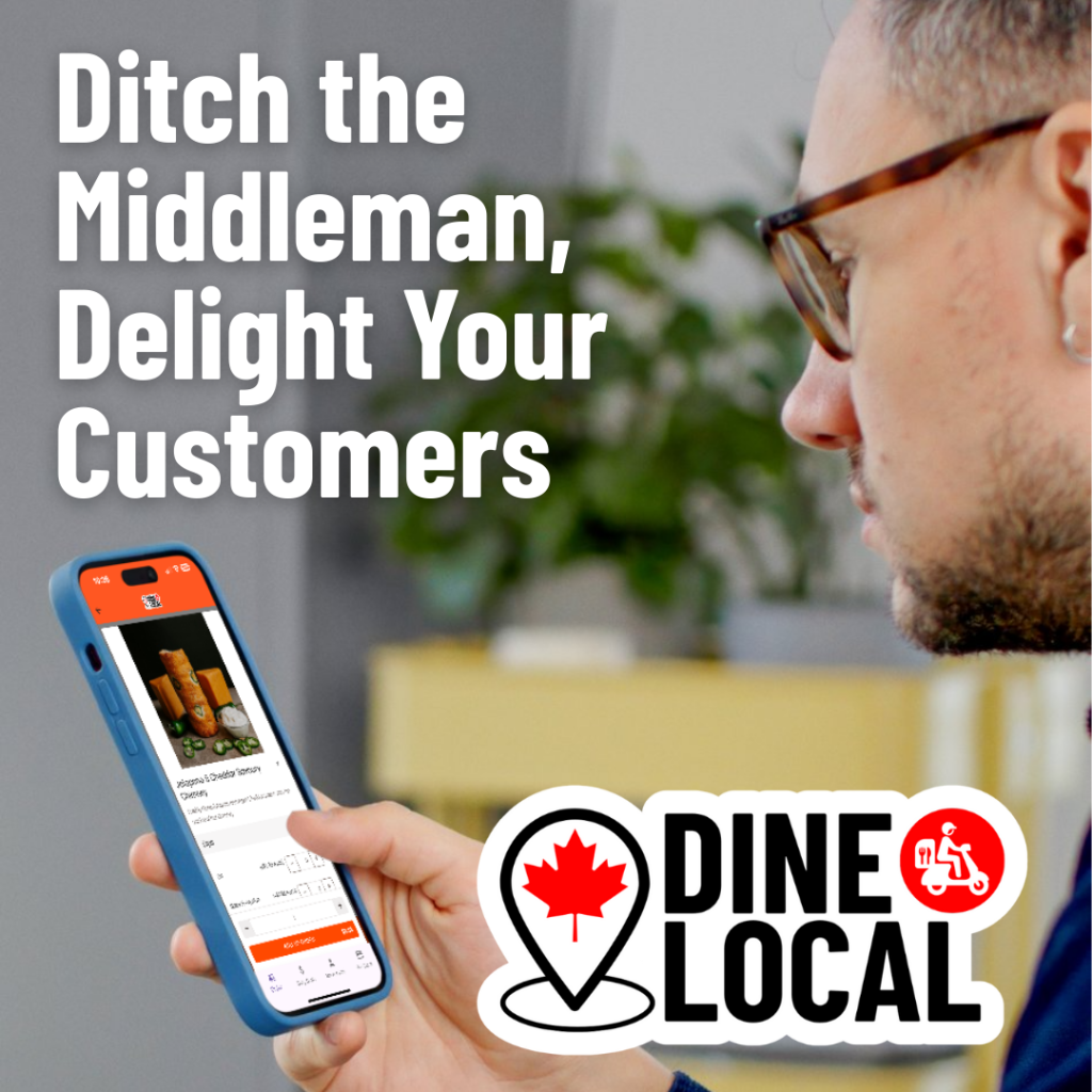 Picture of a happy customer placing a food order using the Dine Local platform illustrating the benefits of your own online ordering platform for restaurant owners. The words "Ditch the Middleman, Delight Your Customers" is overlayed along with the Dine Local logo.