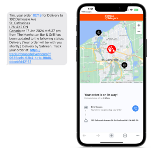 Image of the GPS tracking offered by Dine Local in the restaurant's own online ordering platform showing the simplicity and convenience of delivery. There is also a screenshot of the notification customers receive via SMS to update them on their order status.