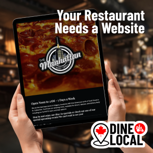 Your restaurant needs a website. Picture of a tablet with a professional restaurant website with these words, over the background of an elegant restaurant backdrop.