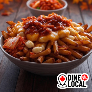 A close-up shot of Korean BBQ poutine with melted cheese curds.