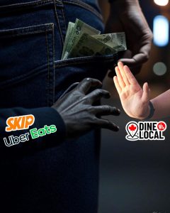 Picture of a shadowy hand with the Skip and Uber Eats logo attempting to steal money from the back pocket of a restaurant owner. A hand with the Dine Local logo blocks the hand representing the fact that Dine Local saves restaurants and customers money.