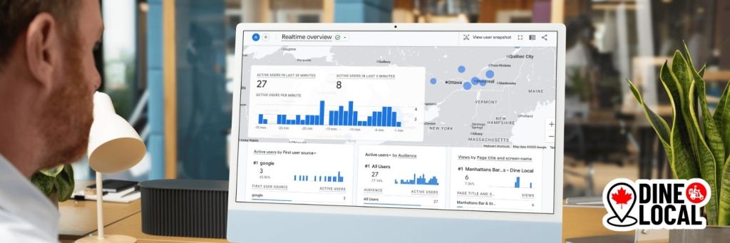 A restaurant owner reviews his Google Analytics users for his website and order page that is powered by the Dine Local platform.