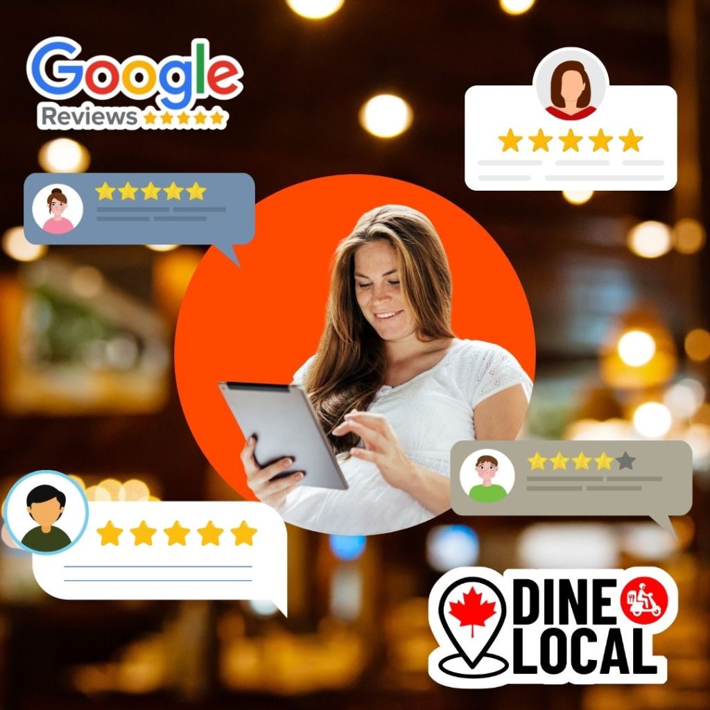 Picture of a woman reviewing her Google Reviews on a tablet in front of a restaurant background.