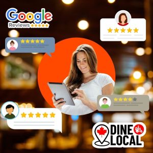 Picture of a woman reviewing her Google Reviews on a tablet in front of a restaurant background.