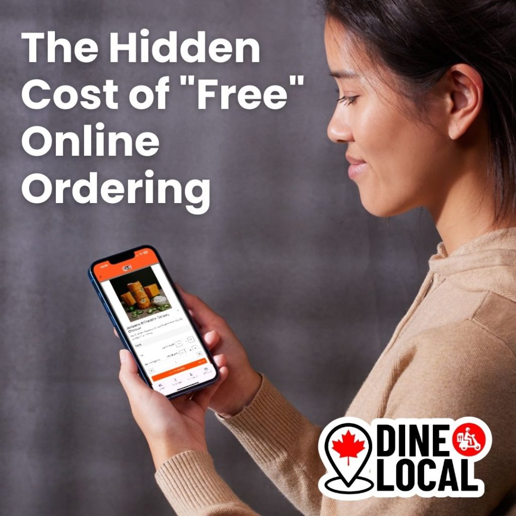 Woman looking at her phone smiling at the Dine Local ordering interface because it is so easy to use to order local food from independent restaurants.