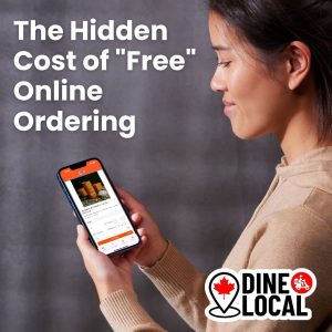 Woman looking at her phone smiling at the Dine Local ordering interface because it is so easy to use to order local food from independent restaurants.