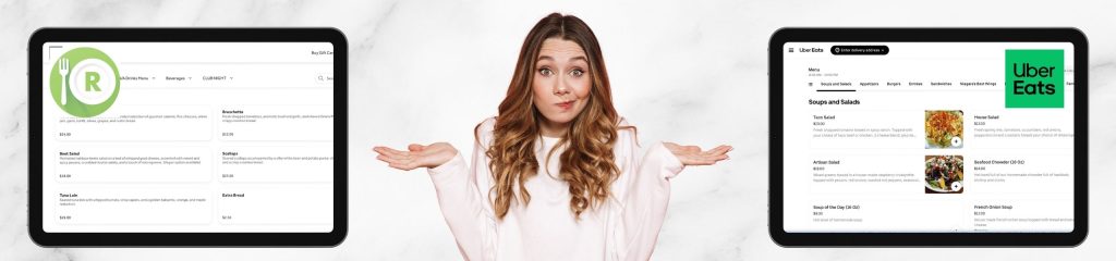 Woman with her hands up confused choosing between two links to order from the same restaurant - one has delivery, one does not. It is one of the major issues with point-of-sale based ordering systems.